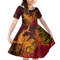 Hawaiian Volcano and Shark Family Matching Mermaid Dress and Hawaiian Shirt Polynesian and Hibiscus Pattern Lava Color LT03 Daughter's Dress Red - Polynesian Pride