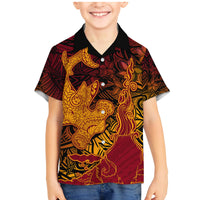 Hawaiian Volcano and Shark Family Matching Mermaid Dress and Hawaiian Shirt Polynesian and Hibiscus Pattern Lava Color LT03 Son's Shirt Red - Polynesian Pride