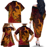 Hawaiian Volcano and Shark Family Matching Off The Shoulder Long Sleeve Dress and Hawaiian Shirt Polynesian and Hibiscus Pattern Lava Color