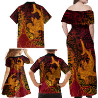 Hawaiian Volcano and Shark Family Matching Off Shoulder Maxi Dress and Hawaiian Shirt Polynesian and Hibiscus Pattern Lava Color LT03 - Polynesian Pride