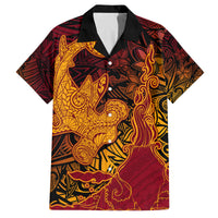 Hawaiian Volcano and Shark Family Matching Off Shoulder Maxi Dress and Hawaiian Shirt Polynesian and Hibiscus Pattern Lava Color LT03 Dad's Shirt - Short Sleeve Red - Polynesian Pride
