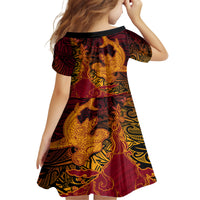 Hawaiian Volcano and Shark Kid Short Sleeve Dress Polynesian and Hibiscus Pattern Lava Color