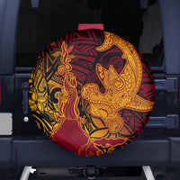 Hawaiian Volcano and Shark Spare Tire Cover Polynesian and Hibiscus Pattern Lava Color