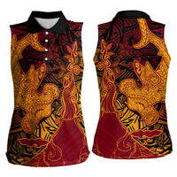 Hawaiian Volcano and Shark Women Sleeveless Polo Shirt Polynesian and Hibiscus Pattern Lava Color LT03 - Polynesian Pride