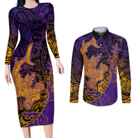 Hawaiian Volcano and Shark Couples Matching Long Sleeve Bodycon Dress and Long Sleeve Button Shirt Polynesian and Hibiscus Pattern Purple Yellow Gradient