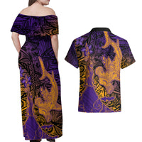 Hawaiian Volcano and Shark Couples Matching Off Shoulder Maxi Dress and Hawaiian Shirt Polynesian and Hibiscus Pattern Purple Yellow Gradient LT03 - Polynesian Pride