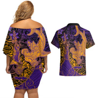 Hawaiian Volcano and Shark Couples Matching Off Shoulder Short Dress and Hawaiian Shirt Polynesian and Hibiscus Pattern Purple Yellow Gradient