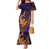 Hawaiian Volcano and Shark Family Matching Mermaid Dress and Hawaiian Shirt Polynesian and Hibiscus Pattern Purple Yellow Gradient LT03 Mom's Dress Purple - Polynesian Pride