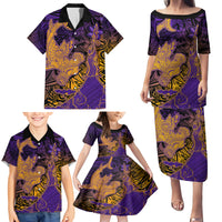 Hawaiian Volcano and Shark Family Matching Puletasi and Hawaiian Shirt Polynesian and Hibiscus Pattern Purple Yellow Gradient LT03 - Polynesian Pride