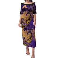 Hawaiian Volcano and Shark Family Matching Puletasi and Hawaiian Shirt Polynesian and Hibiscus Pattern Purple Yellow Gradient LT03 Mom's Dress Purple - Polynesian Pride