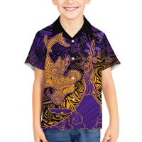 Hawaiian Volcano and Shark Family Matching Tank Maxi Dress and Hawaiian Shirt Polynesian and Hibiscus Pattern Purple Yellow Gradient