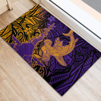 Hawaiian Volcano and Shark Rubber Doormat Polynesian and Hibiscus Pattern Purple Yellow Gradient