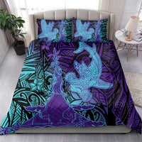 Hawaiian Volcano and Shark Bedding Set Polynesian and Hibiscus Pattern Purple Cyan Gradient