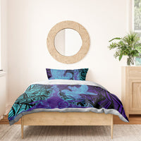 Hawaiian Volcano and Shark Bedding Set Polynesian and Hibiscus Pattern Purple Cyan Gradient