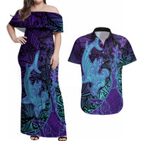 Hawaiian Volcano and Shark Couples Matching Off Shoulder Maxi Dress and Hawaiian Shirt Polynesian and Hibiscus Pattern Purple Cyan Gradient LT03 Purple - Polynesian Pride
