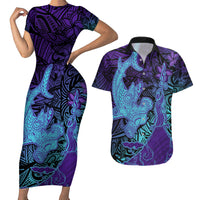 Hawaiian Volcano and Shark Couples Matching Short Sleeve Bodycon Dress and Hawaiian Shirt Polynesian and Hibiscus Pattern Purple Cyan Gradient LT03 Purple - Polynesian Pride