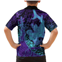 Hawaiian Volcano and Shark Family Matching Mermaid Dress and Hawaiian Shirt Polynesian and Hibiscus Pattern Purple Cyan Gradient LT03 - Polynesian Pride