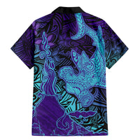 Hawaiian Volcano and Shark Family Matching Mermaid Dress and Hawaiian Shirt Polynesian and Hibiscus Pattern Purple Cyan Gradient LT03 - Polynesian Pride