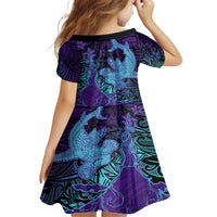 Hawaiian Volcano and Shark Family Matching Off The Shoulder Long Sleeve Dress and Hawaiian Shirt Polynesian and Hibiscus Pattern Purple Cyan Gradient
