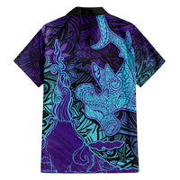 Hawaiian Volcano and Shark Family Matching Off Shoulder Maxi Dress and Hawaiian Shirt Polynesian and Hibiscus Pattern Purple Cyan Gradient LT03 - Polynesian Pride