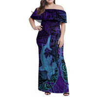 Hawaiian Volcano and Shark Family Matching Off Shoulder Maxi Dress and Hawaiian Shirt Polynesian and Hibiscus Pattern Purple Cyan Gradient LT03 Mom's Dress Purple - Polynesian Pride