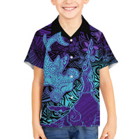Hawaiian Volcano and Shark Family Matching Off Shoulder Maxi Dress and Hawaiian Shirt Polynesian and Hibiscus Pattern Purple Cyan Gradient LT03 Son's Shirt Purple - Polynesian Pride