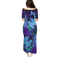 Hawaiian Volcano and Shark Family Matching Puletasi and Hawaiian Shirt Polynesian and Hibiscus Pattern Purple Cyan Gradient LT03 - Polynesian Pride