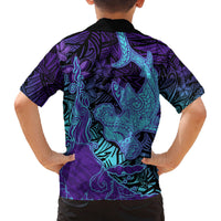 Hawaiian Volcano and Shark Family Matching Tank Maxi Dress and Hawaiian Shirt Polynesian and Hibiscus Pattern Purple Cyan Gradient
