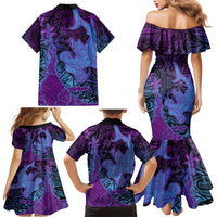 Hawaiian Volcano and Shark Family Matching Mermaid Dress and Hawaiian Shirt Polynesian and Hibiscus Pattern Violet Gradient LT03 - Polynesian Pride