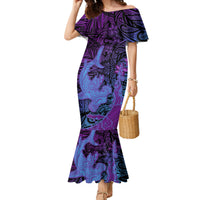Hawaiian Volcano and Shark Family Matching Mermaid Dress and Hawaiian Shirt Polynesian and Hibiscus Pattern Violet Gradient LT03 Mom's Dress Violet - Polynesian Pride