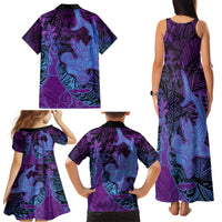 Hawaiian Volcano and Shark Family Matching Tank Maxi Dress and Hawaiian Shirt Polynesian and Hibiscus Pattern Violet Gradient