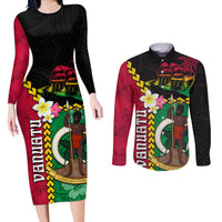 Vanuatu Nakamal and Plumeria Flowers Couples Matching Long Sleeve Bodycon Dress and Long Sleeve Button Shirt Polynesian Pattern LT03 Black - Polynesian Pride