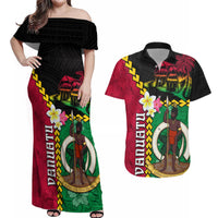 Vanuatu Nakamal and Plumeria Flowers Couples Matching Off Shoulder Maxi Dress and Hawaiian Shirt Polynesian Pattern LT03 Black - Polynesian Pride