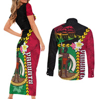 Vanuatu Nakamal and Plumeria Flowers Couples Matching Short Sleeve Bodycon Dress and Long Sleeve Button Shirt Polynesian Pattern LT03 - Polynesian Pride