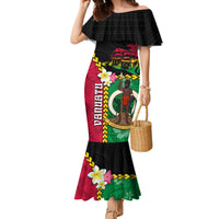 Vanuatu Nakamal and Plumeria Flowers Family Matching Mermaid Dress and Hawaiian Shirt Polynesian Pattern LT03 Mom's Dress Black - Polynesian Pride