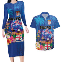 Fiji Bula Couples Matching Long Sleeve Bodycon Dress and Hawaiian Shirt Tropical Plants with Palm Tree and Iguana Colorful LT03 Blue - Polynesian Pride