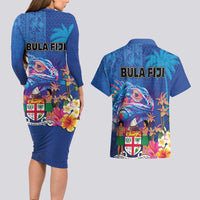 Fiji Bula Couples Matching Long Sleeve Bodycon Dress and Hawaiian Shirt Tropical Plants with Palm Tree and Iguana Colorful LT03 - Polynesian Pride