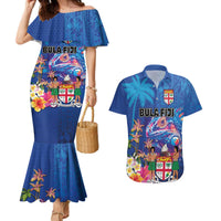 Fiji Bula Couples Matching Mermaid Dress and Hawaiian Shirt Tropical Plants with Palm Tree and Iguana Colorful LT03 Blue - Polynesian Pride