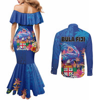 Fiji Bula Couples Matching Mermaid Dress and Long Sleeve Button Shirt Tropical Plants with Palm Tree and Iguana Colorful LT03 - Polynesian Pride