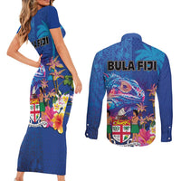 Fiji Bula Couples Matching Short Sleeve Bodycon Dress and Long Sleeve Button Shirt Tropical Plants with Palm Tree and Iguana Colorful LT03 - Polynesian Pride