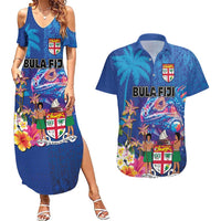 Fiji Bula Couples Matching Summer Maxi Dress and Hawaiian Shirt Tropical Plants with Palm Tree and Iguana Colorful LT03 Blue - Polynesian Pride