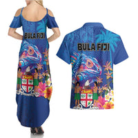 Fiji Bula Couples Matching Summer Maxi Dress and Hawaiian Shirt Tropical Plants with Palm Tree and Iguana Colorful LT03 - Polynesian Pride