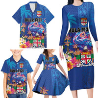 Fiji Bula Family Matching Long Sleeve Bodycon Dress and Hawaiian Shirt Tropical Plants with Palm Tree and Iguana Colorful LT03 - Polynesian Pride