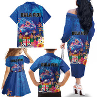 Fiji Bula Family Matching Off The Shoulder Long Sleeve Dress and Hawaiian Shirt Tropical Plants with Palm Tree and Iguana Colorful LT03 - Polynesian Pride