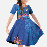 Fiji Bula Family Matching Off Shoulder Maxi Dress and Hawaiian Shirt Tropical Plants with Palm Tree and Iguana Colorful LT03 Daughter's Dress Blue - Polynesian Pride
