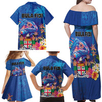 Fiji Bula Family Matching Off Shoulder Maxi Dress and Hawaiian Shirt Tropical Plants with Palm Tree and Iguana Colorful LT03 - Polynesian Pride