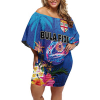 Fiji Bula Family Matching Off Shoulder Short Dress and Hawaiian Shirt Tropical Plants with Palm Tree and Iguana Colorful LT03 Mom's Dress Blue - Polynesian Pride