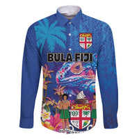 Fiji Bula Family Matching Puletasi and Hawaiian Shirt Tropical Plants with Palm Tree and Iguana Colorful LT03 Dad's Shirt - Long Sleeve Blue - Polynesian Pride