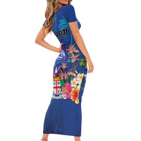 Fiji Bula Family Matching Short Sleeve Bodycon Dress and Hawaiian Shirt Tropical Plants with Palm Tree and Iguana Colorful LT03 - Polynesian Pride