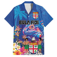Fiji Bula Family Matching Summer Maxi Dress and Hawaiian Shirt Tropical Plants with Palm Tree and Iguana Colorful LT03 Dad's Shirt - Short Sleeve Blue - Polynesian Pride
